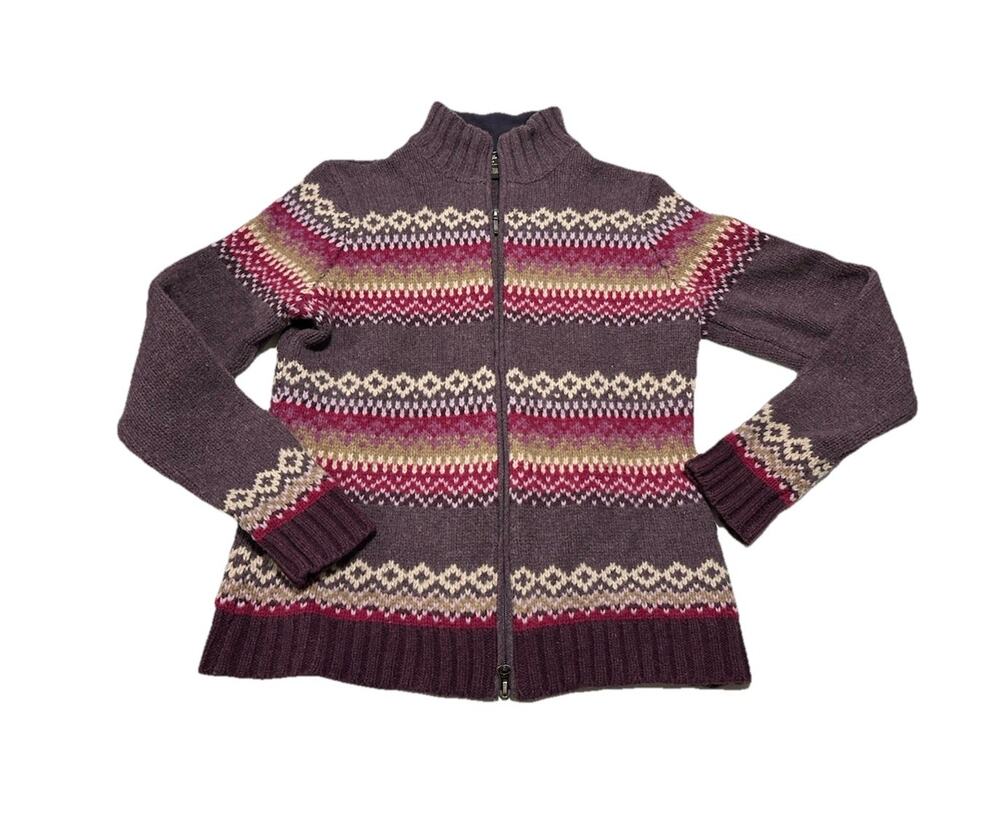 Eddie Bauer Fair Isle 100% Lambs Wool Full Zip Purple Knit Sweater Medium